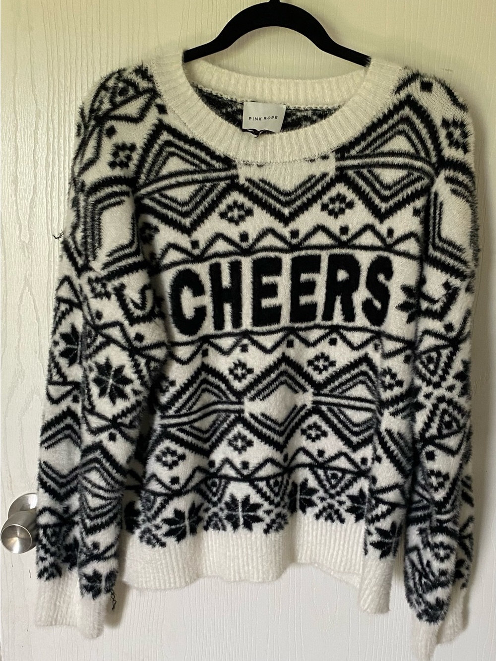 Pink Rose Black & White 'CHEERS' Fair Isle Crewneck Sweater